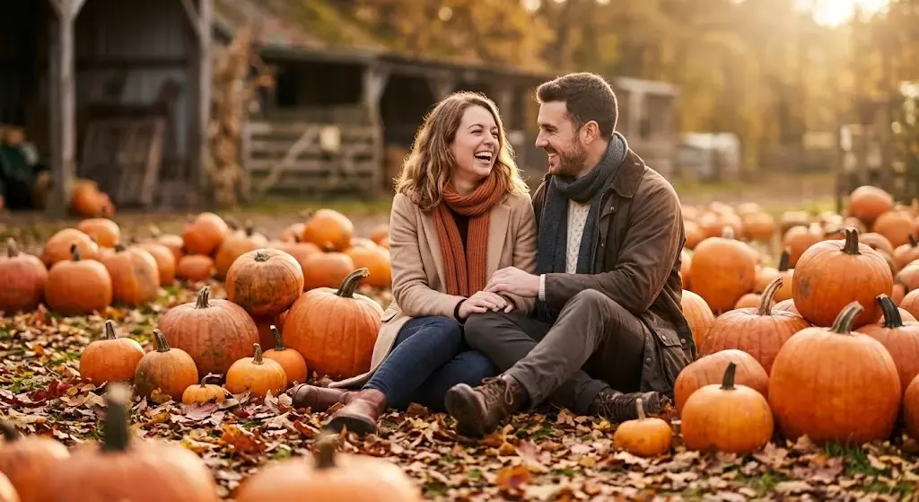 عکس پاییزی دو نفره در میان کدو حلوایی ها