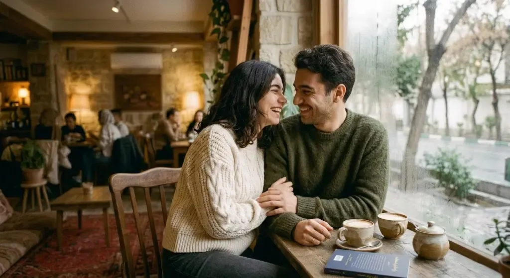 یک زوج جوان پشت میز چوبی یک کافه قدیمی نشسته اند و در حال خندیدن صمیمی هستند