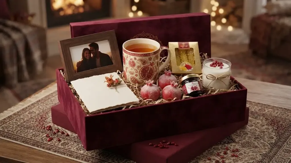 باکس هدیه یلدایی شخصی‌سازی‌شده با خوراکی و یادگاری