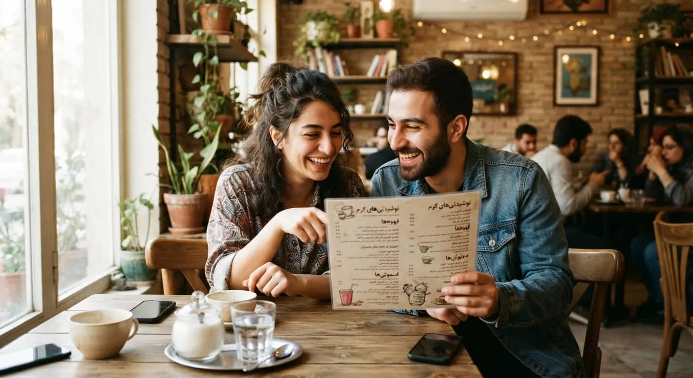 نگاه کردن همزمان به منو برای ایده عکاسی دو نفره در کافی شاپ