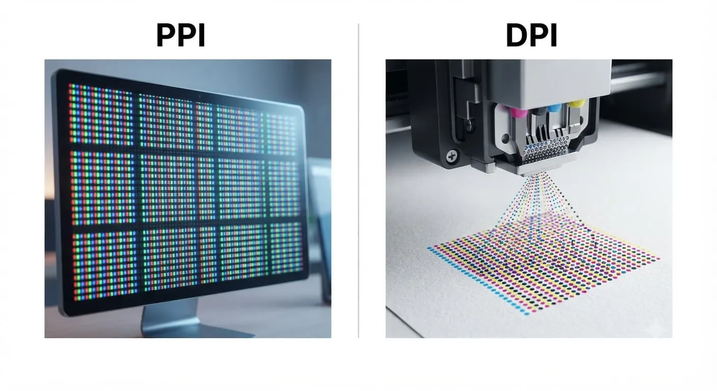 اینفوگرافیک تفاوت DPI و PPI. در سمت چپ، یک مانیتور با پیکسل های نوری (PPI) و در سمت راست، یک هد پرینتر در حال پاشش قطرات جوهر روی کاغذ 
