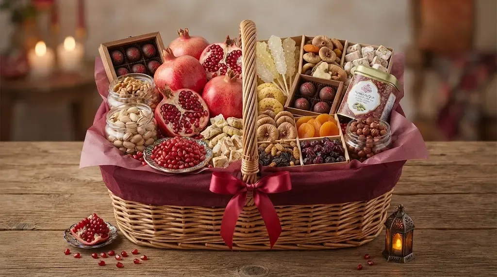 پک خوراکی شب یلدا شامل آجیل، خشکبار و شیرینی ایده ای مناسب برای هدیه یلدایی