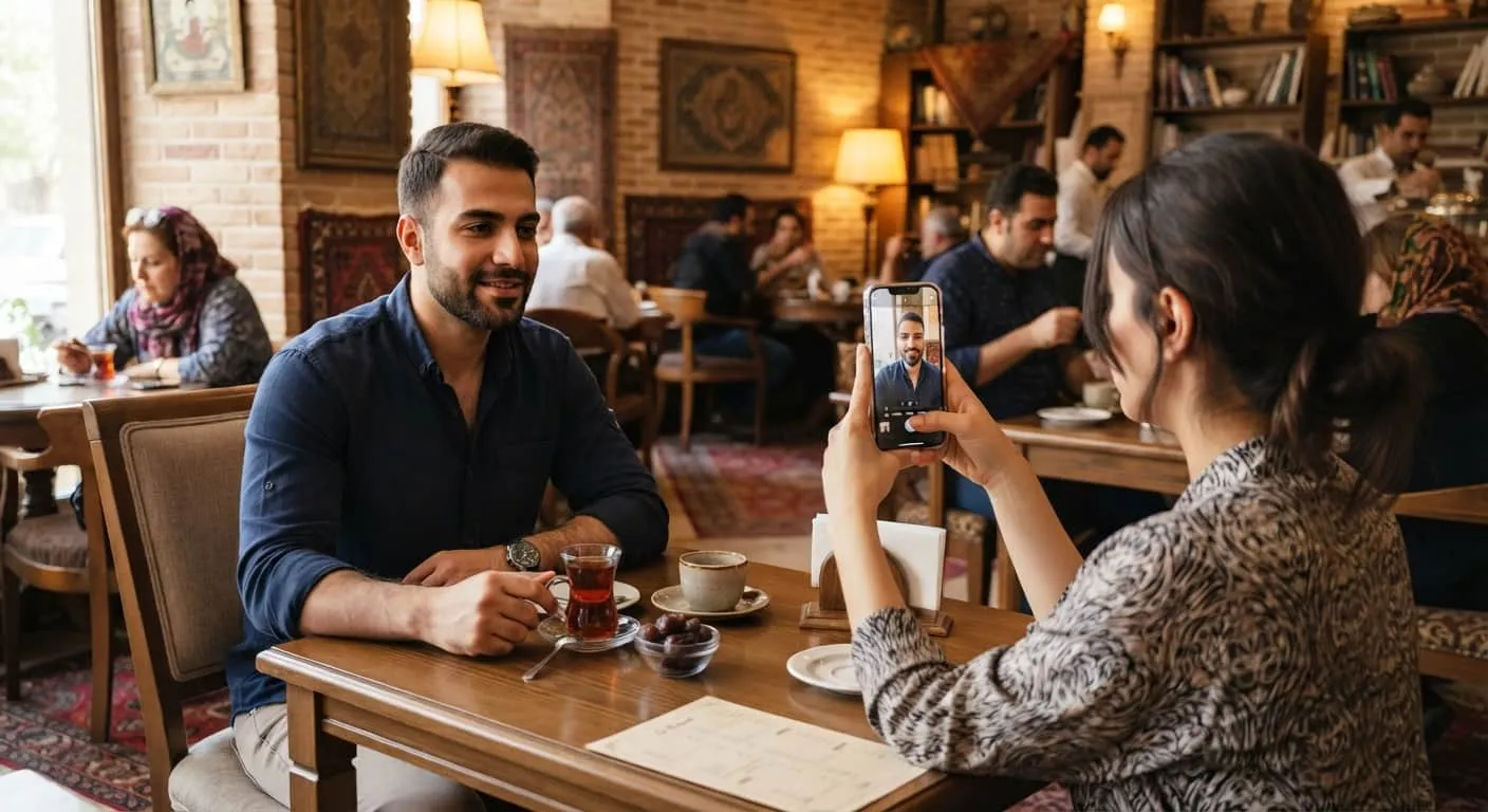 یکی از زوج ها در حال عکس گرفتن از دیگری با گوشی موبایل و ثبت این لحظه توسط دوربین اصلی
